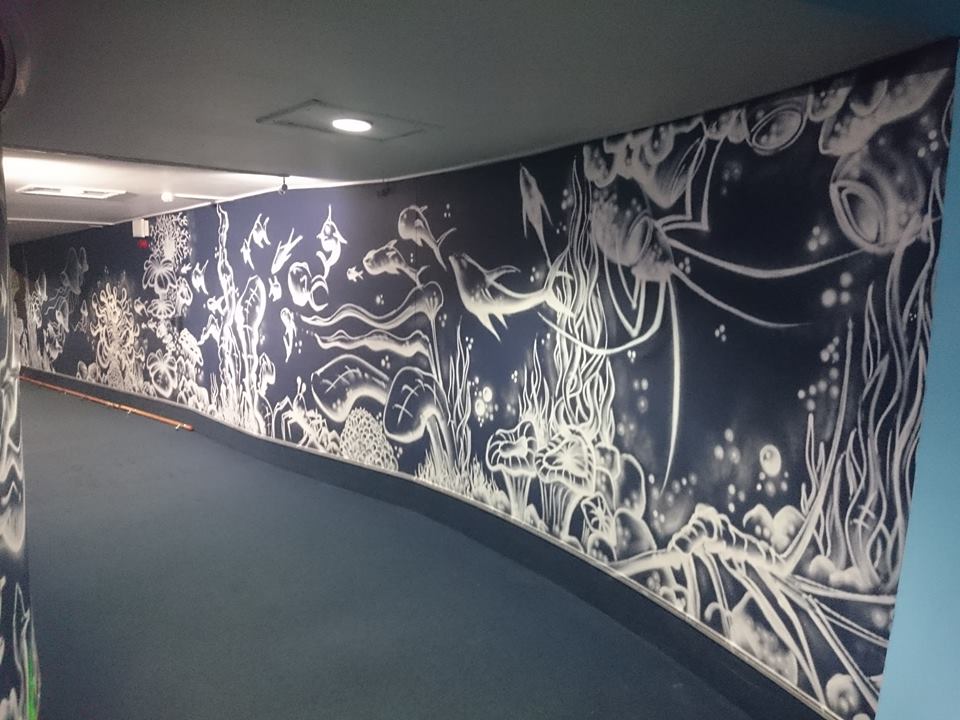 neon corridor black white